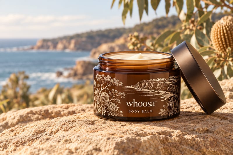 Concept render of the WHOOSA Magnesium Body Butter jar with coastal linework, on sandstone