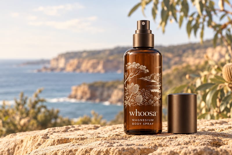 Concept render of the WHOOSA Magnesium Body Spray, part of the Night Set with the Magnesium Body Butter